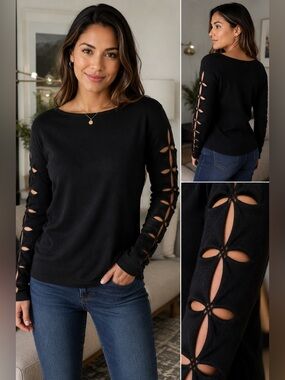 Roz & Ali Black Cutout Sleeve Sweater – Size Large